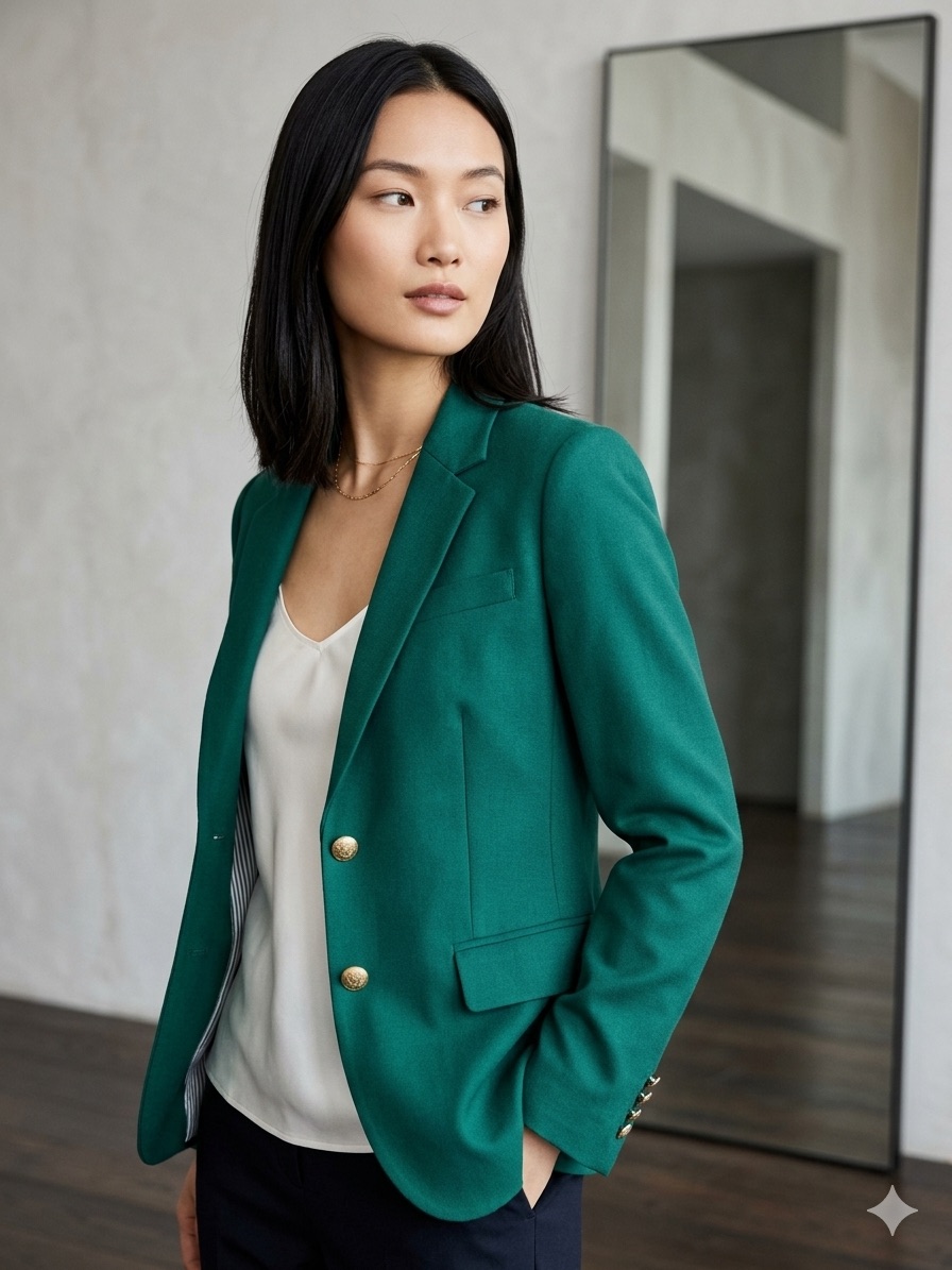 J.Crew Schoolboy Blazer Emerald Green Teal Wool Blend Gold Button Size 8